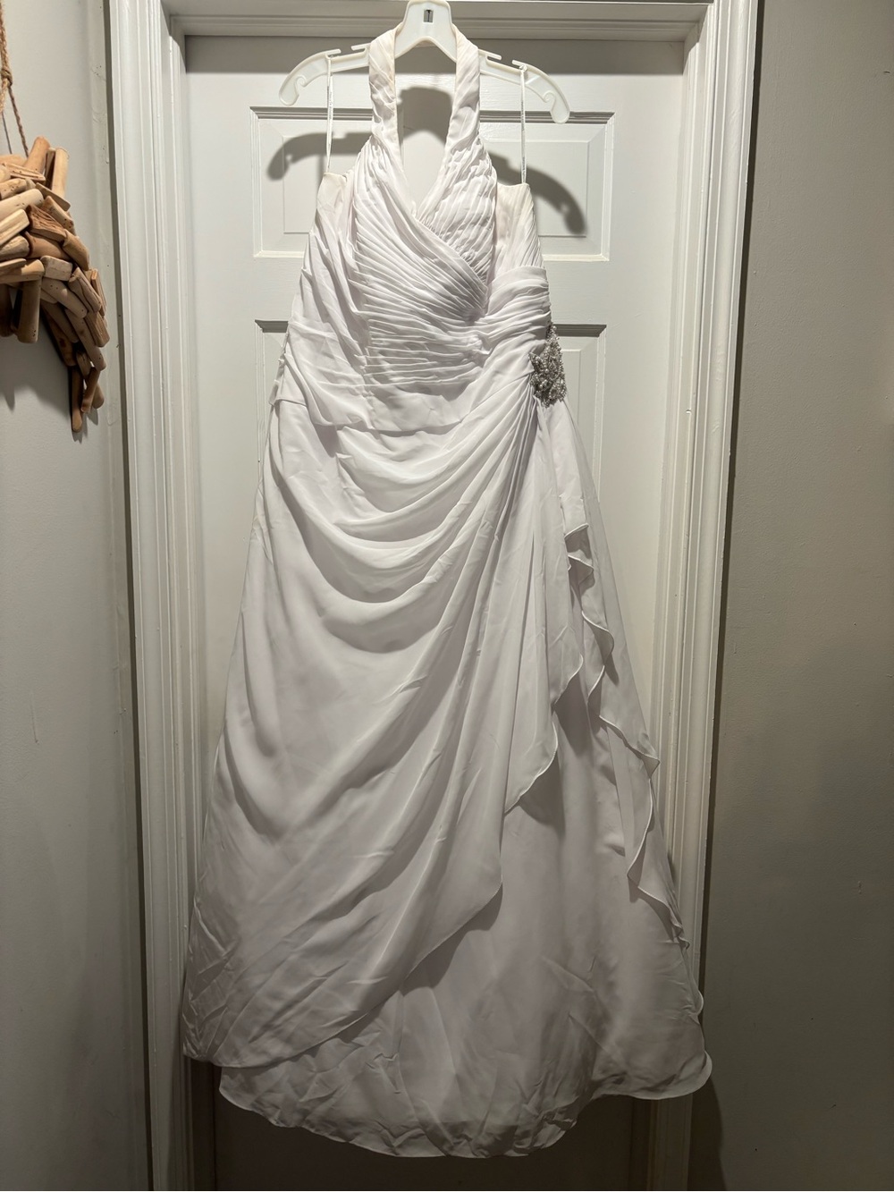 White Halter Wedding Dress with Draped Skirt and Under Crinoline  Skirt